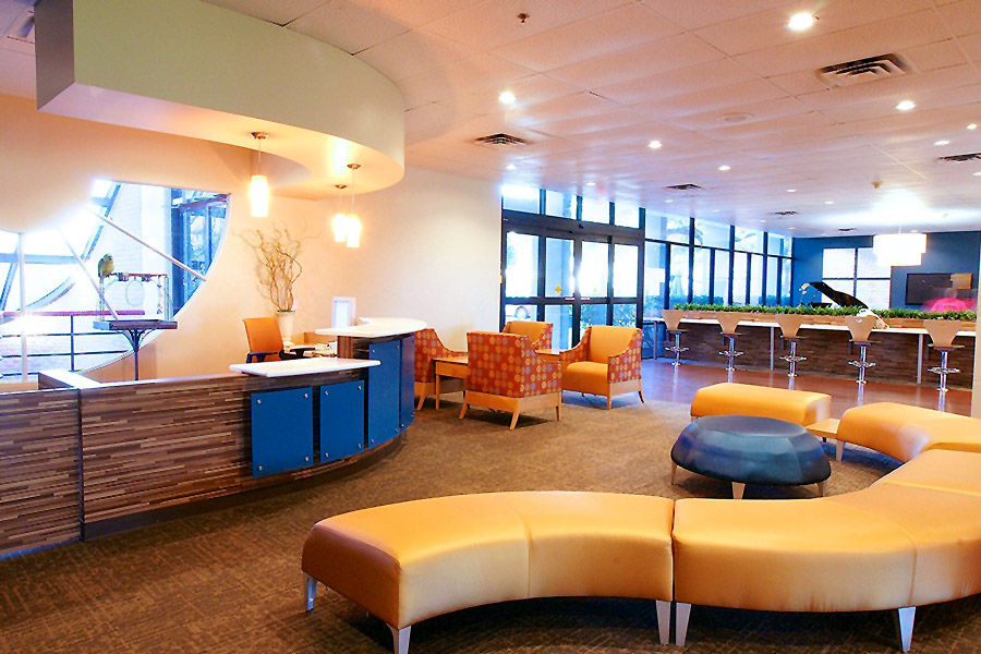 Lobby area of a commercial building with modern leather benches and chairs
