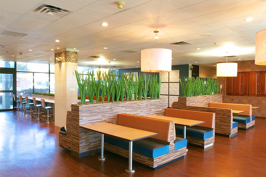 Dining booths with benches inside a commercial building
