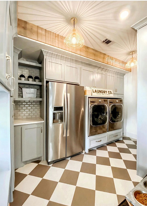 laundry room with refrigerators and pet food area