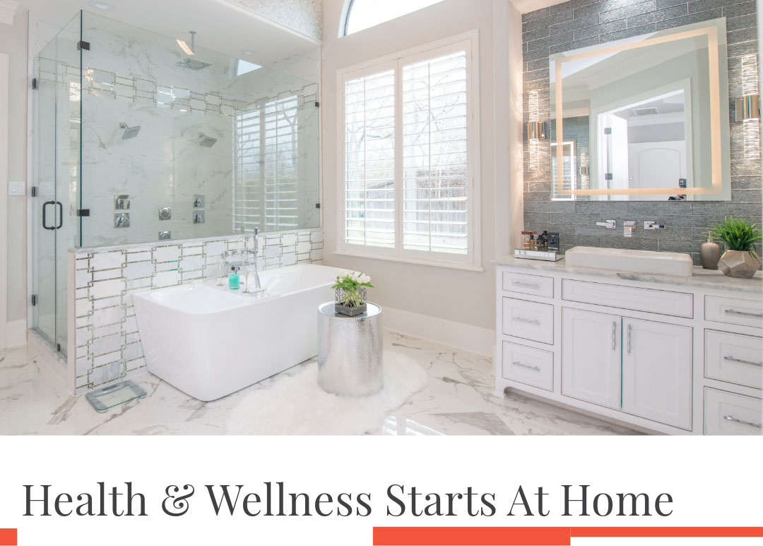 Bright, modern bathroom with glass shower and tub; focus on wellness interior design