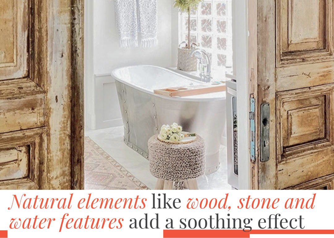 Bright naturally lit bathroom using glass tiles as windows and natural materials for rug and a jute stool with wooden divider doors for better air quality.