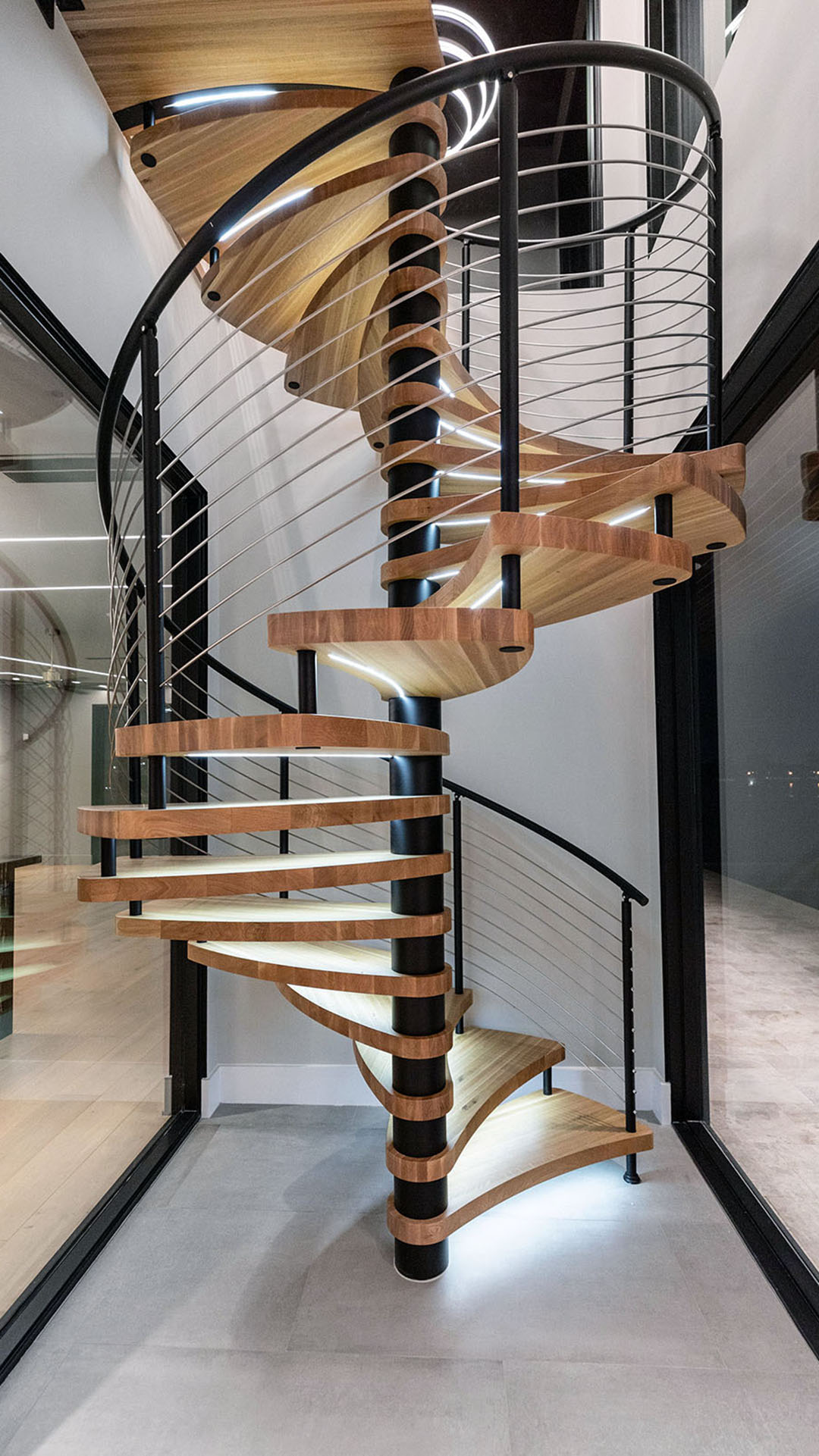 Spiral wooden staircase.